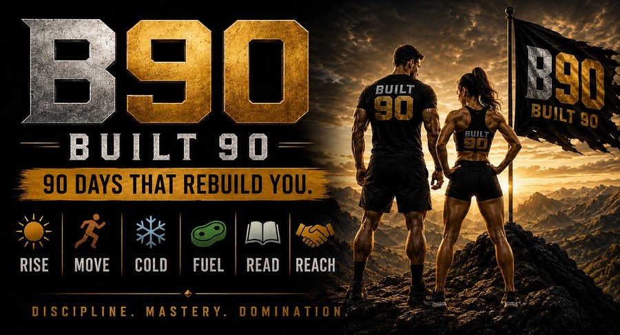 BUILT 90. Ninety days that rebuild you. Six standards: Rise, Move, Cold, Fuel, Read, Reach.